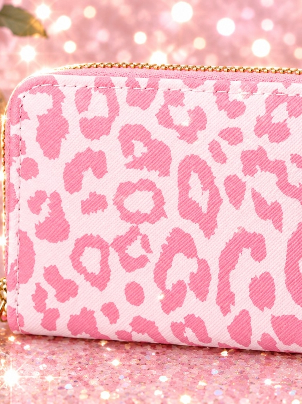 Pink Leopard Print Zip Wallet with Gold Chain